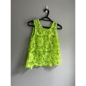 ACEMI Neon Yellow Floral Lace Sleeveless Top Sheer Scalloped Hem Medium Crochet
